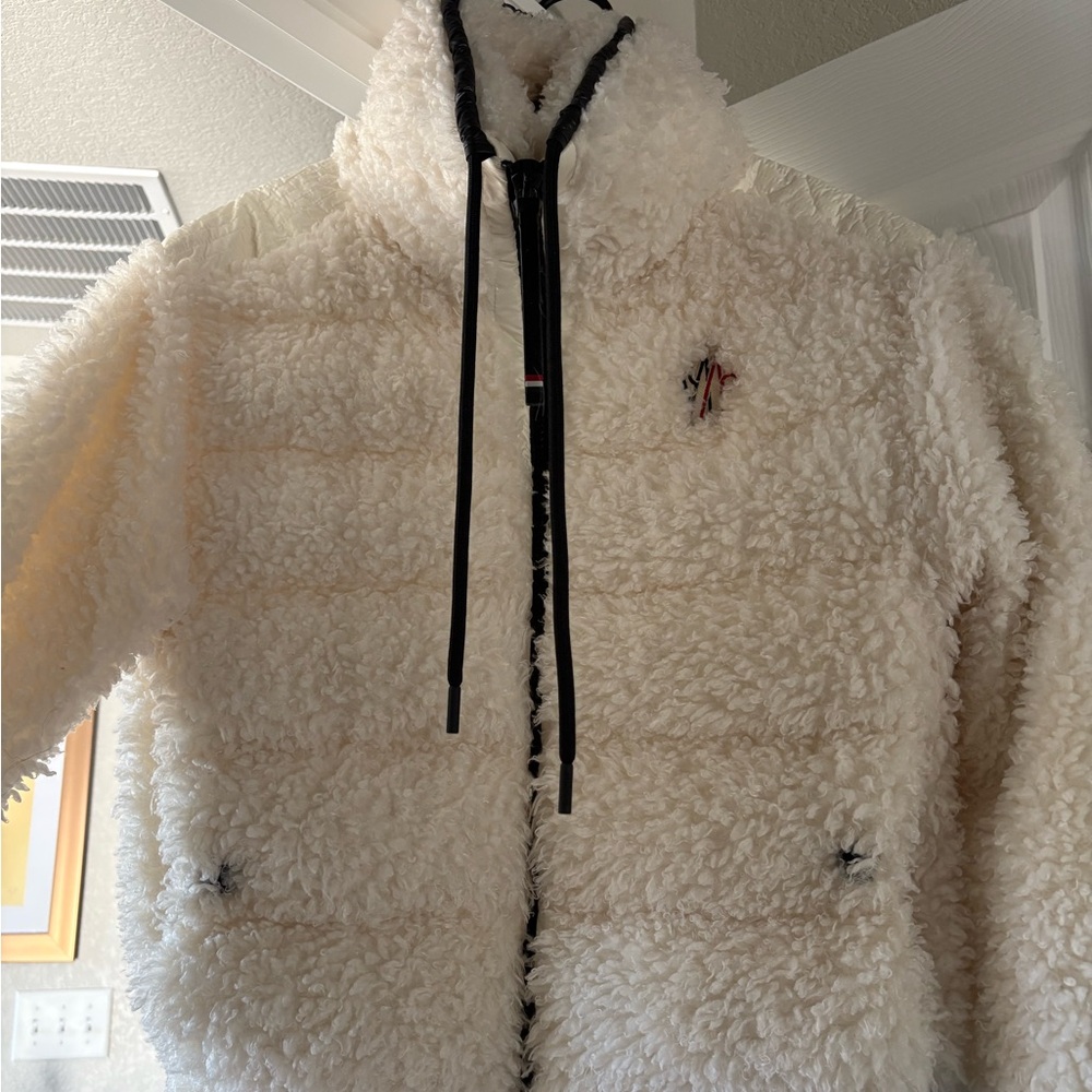 Moncler Women's Cream Sherpa Zip-Up Jacket with Black Trim